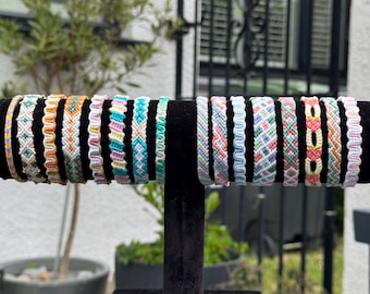 Spring into Summer collection. THREAD FRIENDSHIP BRACELETS. Pastel, colourful jewelry. Gift for friends. Arrowhead. Strawberries. SpudStyle