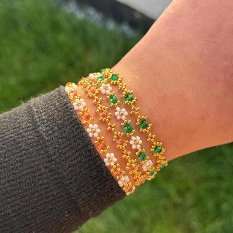 The GLINDA to my ELPHABA set. Dainty glass seed bead bracelets. Daisy chain. Gifts for her. Elegant jewelry. Inspired by Wicked the musical. image 2