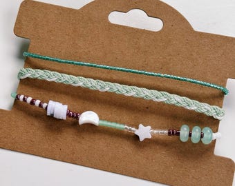 MOON & STAR SET of 3. Mother of pearl star and moon. Friendship bracelets. Glass seed beads. Waterproof braid. Bracelet stack. SpudStyle