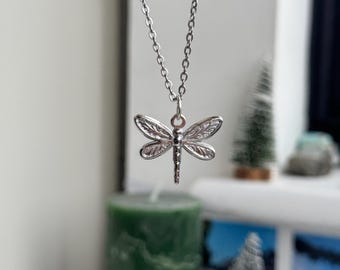 SILVER DRAGONFLY NECKLACE. Stainless steel dragonfly charm. Dainty 304 stainless steel fine cable chain. Insect charm necklace
