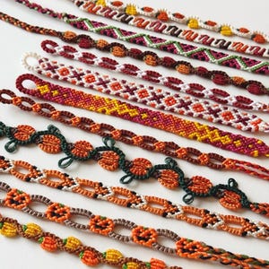 THREAD FRIENDSHIP BRACELETS. Autumn leaves set! Stackable tie on bracelets. Cotton friendship bracelet. Pumpkins, daisy chains, foxes etc.