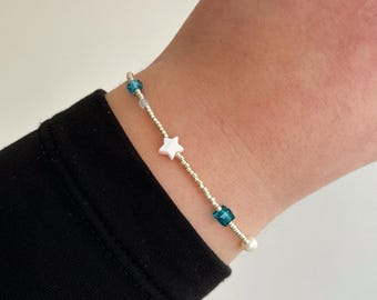 ANNABELLE bracelet with blue details. Pearl star, freshwater pearls, glass fired beads. GLASS BEADS. Stackable bracelets. Gift idea.