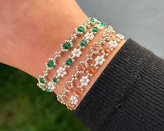 The GLINDA to my ELPHABA set. Dainty glass seed bead bracelets. Daisy chain. Gifts for her. Elegant jewelry. Inspired by Wicked the musical.
