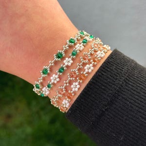 The GLINDA to my ELPHABA set. Dainty glass seed bead bracelets. Daisy chain. Gifts for her. Elegant jewelry. Inspired by Wicked the musical. image 1