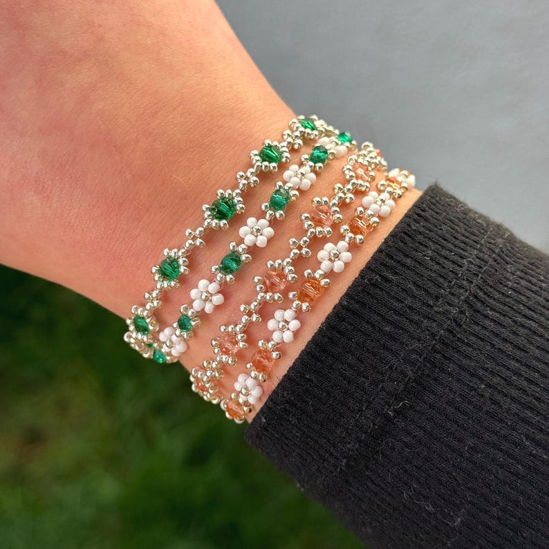 The GLINDA to my ELPHABA set. Dainty glass seed bead bracelets. Daisy chain. Gifts for her. Elegant jewelry. Inspired by Wicked the musical. image 1