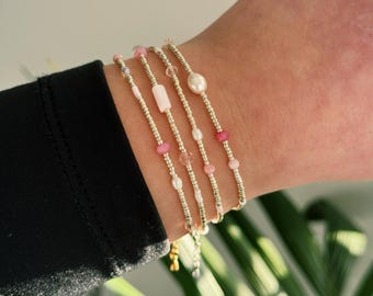 ANNABELLE bracelets with pink details. PermFinish galvanised seed beads. GLASS BEADS. Stackable bracelets. Freshwater pearls. Gift ideas