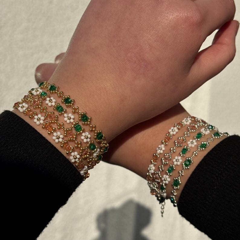 The GLINDA to my ELPHABA set. Dainty glass seed bead bracelets. Daisy chain. Gifts for her. Elegant jewelry. Inspired by Wicked the musical. image 3