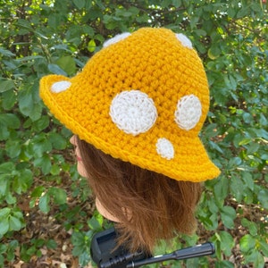 Amanita Hand Crochet Hat / Mushroom / Muscaria / Witchy Style Vibes / Bucket Hat / Mushroom Bucket Hat / Hippie / Yellow