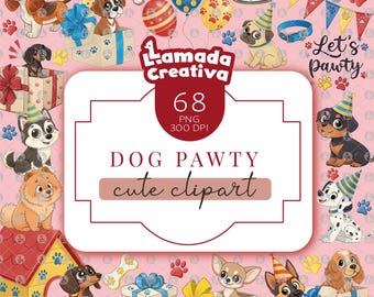 Cute Dogs Clipart, Paw Party Clipart, Dog Birthday Pawty Clipart, Watercolor Birthday Party Clipart, Instant download