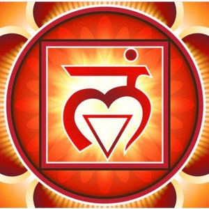 May include: A red and orange mandala with a white symbol in the center. The symbol is a stylized heart with a triangle inside. The mandala is surrounded by a white circle and a red circle.