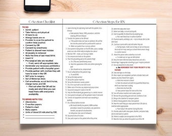 May include: A checklist for nurses performing a C-section, with steps for the RN and a list of items to bring to the operating room. The checklist includes steps for admitting the patient, taking a history and physical, confirming fetal position, and administering antibiotics. The RN checklist includes steps for preparing the patient, assisting the surgeon, and caring for the patient after surgery.