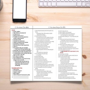 May include: A checklist for nurses performing a C-section, with steps for the RN and a list of items to bring to the operating room. The checklist includes steps for admitting the patient, taking a history and physical, confirming fetal position, and administering antibiotics. The RN checklist includes steps for preparing the patient, assisting the surgeon, and caring for the patient after surgery.