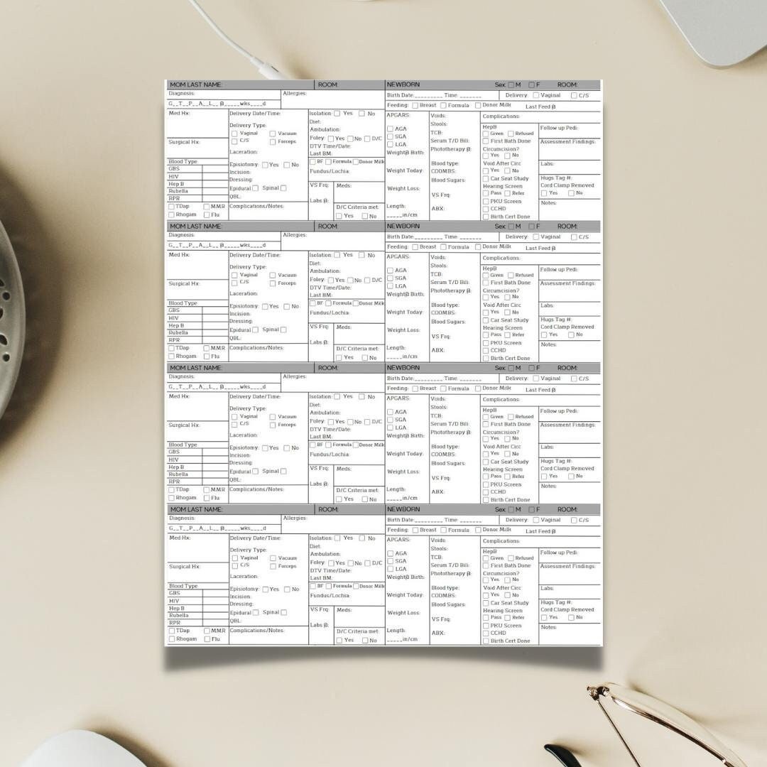 Mother Baby Nurse Report Sheet for 4 Couplets Printable PDF | Postpartum RN Template, Brain Sheet, Nursing Student, New Nurse, Maternity
