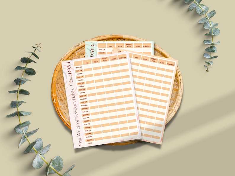 K&ouml;nnte beinhalten: Drei druckbare Tabellen zur Verfolgung der F&uuml;tterungsgewohnheiten eines Neugeborenen. Die Tabellen sind mit "Erste Woche der Neugeborenengewohnheiten - Tabelle - Tag 1", "Tag 2" und "Tag 3" beschriftet. Jede Tabelle enth&auml;lt Spalten f&uuml;r die Zeit, die Brust, die Pumpe, die F&uuml;tterung und die Formel.