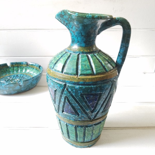 Italian Florentine Sgraffito Art Pottery Pitcher Vase w/ Lava Glaze, Mid-Century Bitossi Era