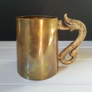 Vintage Brass Beer Tankard Stein Mug with Dragon Serpent Handle - See Photos
