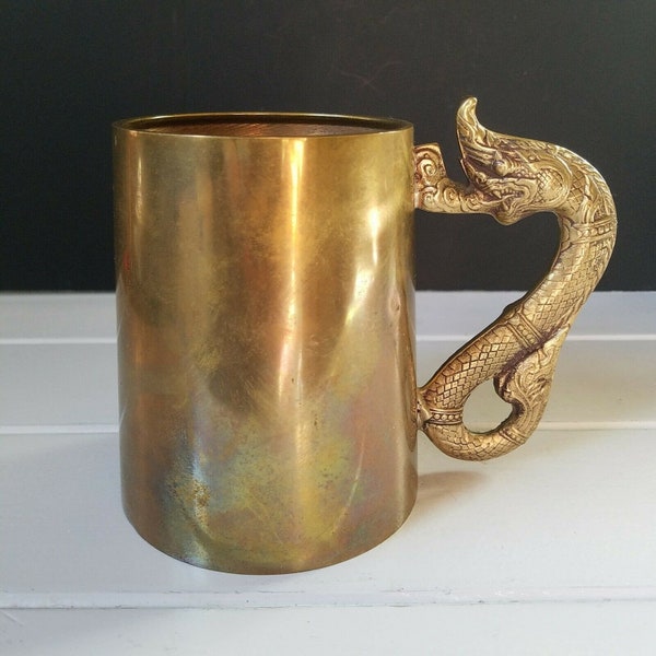 Vintage Brass Beer Tankard Stein Mug with Dragon Serpent Handle