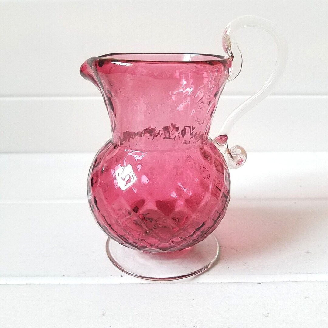 Vintage Cranberry Glass Creamer Pitcher Applied Handle Diamond Etsy