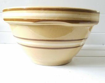 Yellow Ware Mixing Bowl 10”, Brown White Stripes, Vintage Stoneware  Large