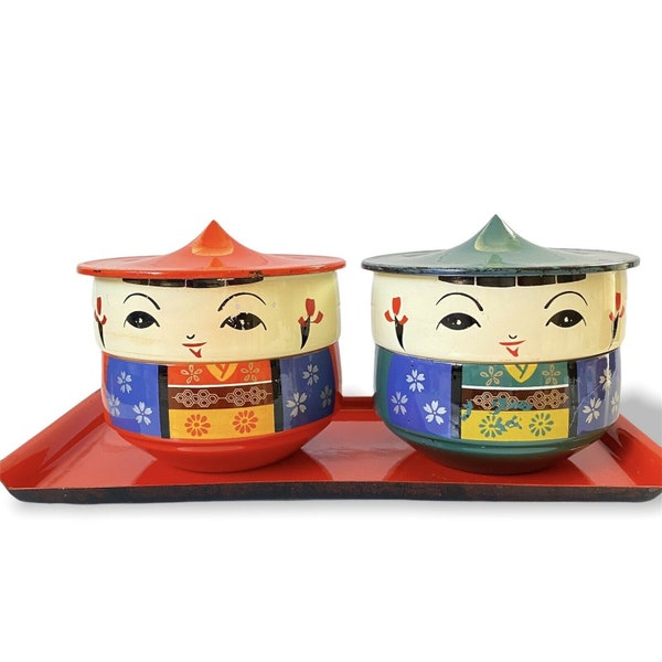 Laqué japonais Kokeshi Bento Stacking Jewelry Trinket Box Set de 2, avec plateau