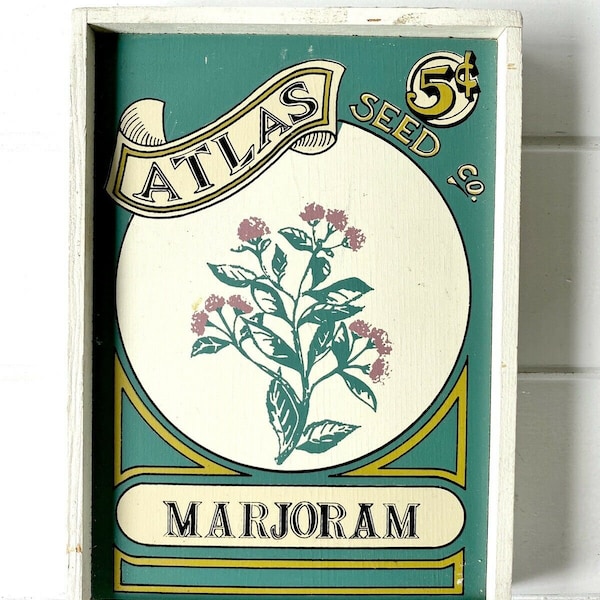 Framed Vintage Seed Packet MARJORAM Art Print on Wood 6X8.5", Kitchen Decor