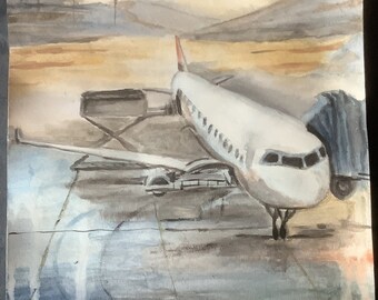 Plane At The Airportoriginal Painting, Wall Decor Watercolor