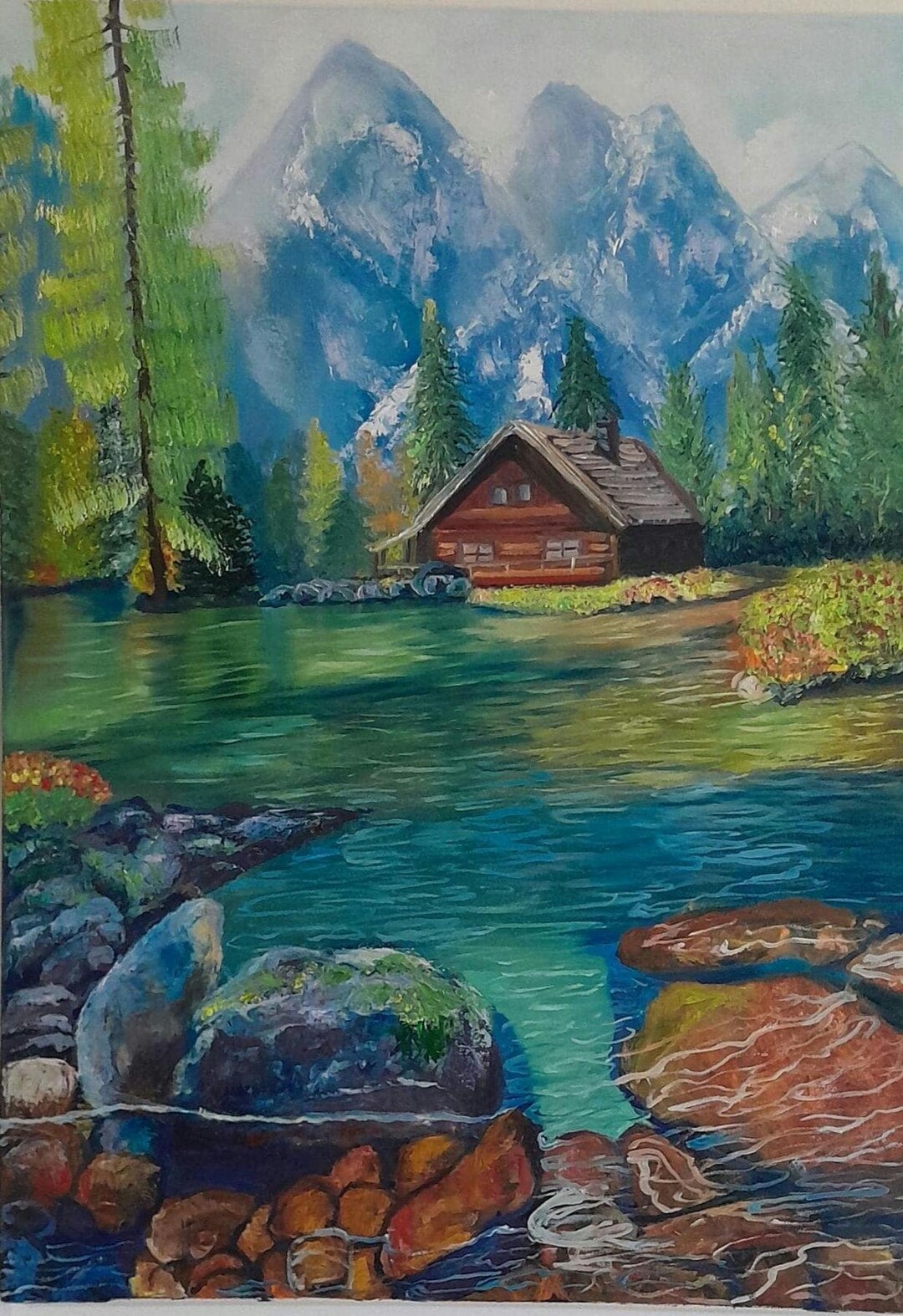 Mountain Lake Oil Painting: Handmade Cabin Landscape Art - Etsy