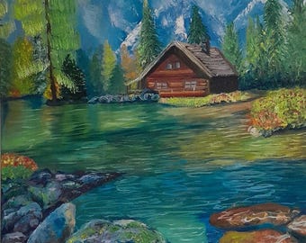 Original Mountain Lake Oil Painting, Cabin Landscape Art, Hand Painted Canvas, Nature Wall Decor