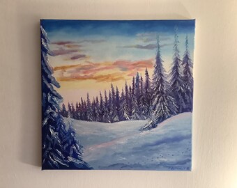 冬の風景 キャンバスに油絵、雪の森、雪の絵、冬のアートワーク