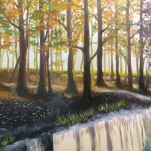 森の湖 オリジナル油絵 緑の風景 キャンバス 穏やかな自然の壁掛け