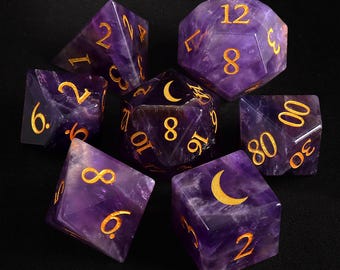 Natural Moon Amethyst Dice Set| Moon D20 D&D Dice Set| Dungeons and Dragons Tabletop Gaming RPG DND Role Polyhedral Gaming Dice Set