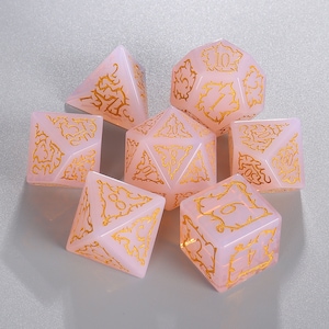 Pink Opal DnD Dice Set Thorn Engraved | Gemstone D20 Dice Set| Dungeons and Dragons Tabletop Gaming RPG DND Role Polyhedral Gaming Dice Set
