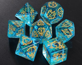 Volles Set Bule D&D Würfelset mit Reben Symbol |Kristall Würfel Set| D&D Geschenk |D20 Würfel | D6| D10| D%| D4| Dungeons and Dragons Rollenspiele