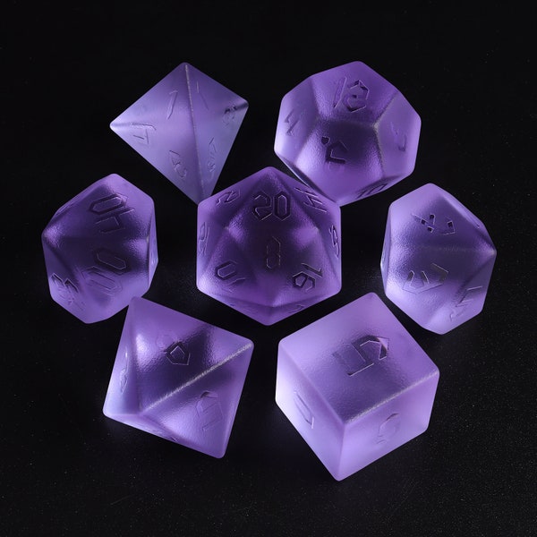 Raised Purple Glass Dice Set | Dnd Dice Set | K9 Crystal Dice |D20 Dice | D6| D10| D%| D4| Dungeons and Dragons Role Playing Games