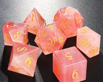 Natural Rose Quartz D&D Dice Set| Stone Dice Set |Engraved Gemstone| Dungeons and Dragons Tabletop RPG Game MTG Role Polyhedral Dice Set