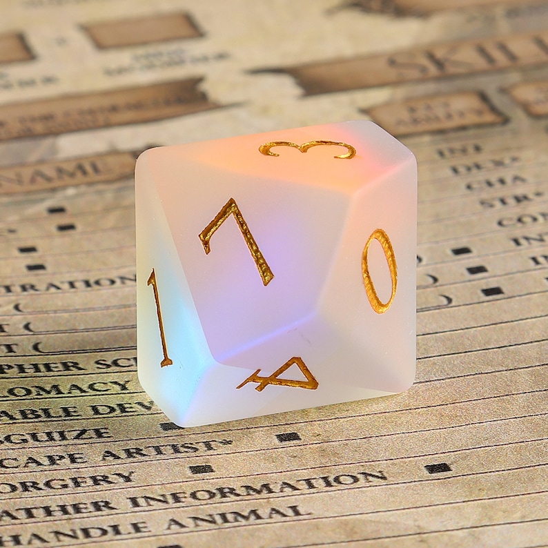 May include: A large, frosted white, twenty-sided die with gold-colored numerals. The die is illuminated with a soft, colorful glow. The background is a vintage-style paper with text related to role-playing games.