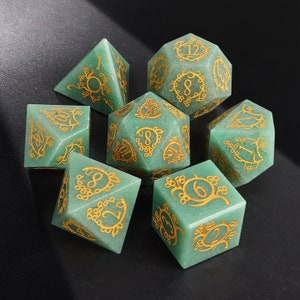 Natural Green Jade DnD Dice Set| Gemstone D20 Dice Set|  Garden Vineman Carving Tabletop Dnd Gaming RPG DND Role Polyhedral Gaming Dice Set