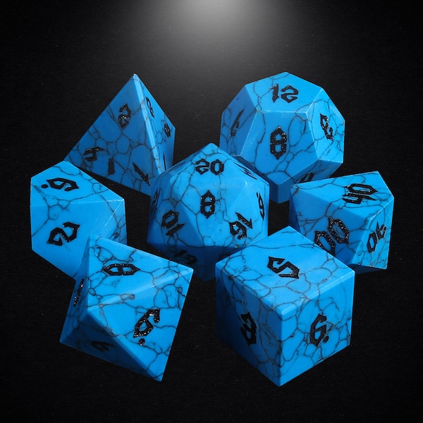 Blue Turquoise Dice Set| DnD Stone Dice Set |Engraved Gemstone| Dungeons and Dragons Tabletop RPG Game MTG Role Polyhedral Gaming Dice Set