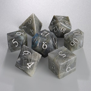 Natural White Labradorite DnD Dice Set| Gemstone D20 Dice Set| Dungeons and Dragons Tabletop Gaming RPG DND Role Polyhedral Gaming Dice Set