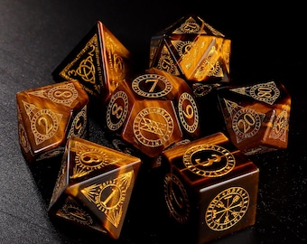Tarot Dnd Dice Set | Viking Norse  Dice | Gemstone Tiger Eyes Dice| D20 Dungeons and Dragons Tabletop RPG Game MTG Role Polyhedral Dice Set
