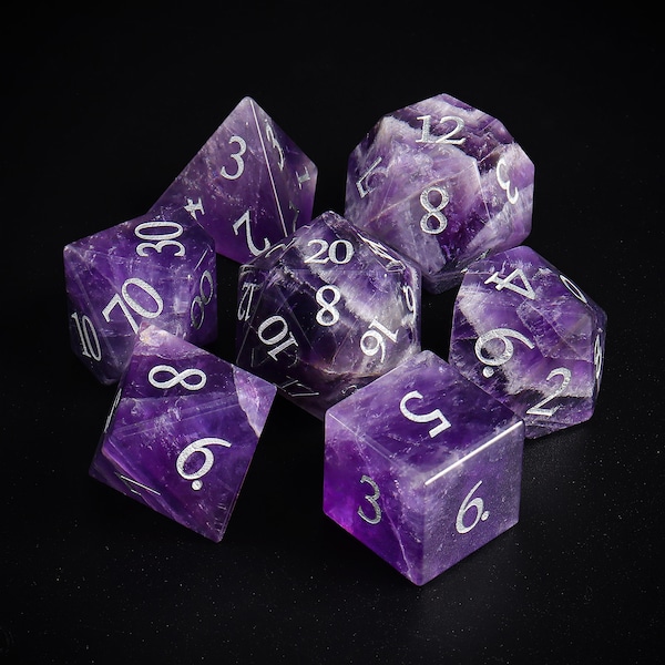 Natural Amethyst Dice Set| Gemstone D20 D&D Dice Set| Dungeons and Dragons Tabletop Gaming RPG DND Role Polyhedral Gaming Dice Set
