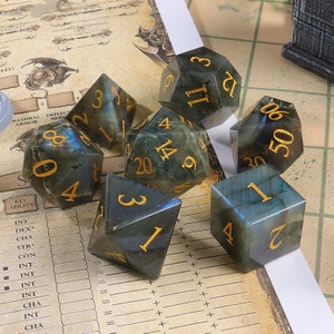 Natural Labradorite DnD Dice Set| Gemstone D20 Dice Set| Dungeons and Dragons Tabletop Gaming RPG DND Role Polyhedral Gaming Dice Set