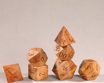 Premium Wood DnD Dice Set | 7 Piece Polyhedral Dice | Gift for Dungeon Master | Tabletop Role Playing Games | Rustic Wooden D&D Accessories