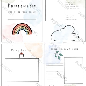 May include: A printable worksheet for a child's nursery or preschool portfolio. The worksheet has four sections: "My Time in Nursery", "This Portfolio Belongs To", "My Family", and "My Adjustment". Each section has a space for writing and a cute illustration.