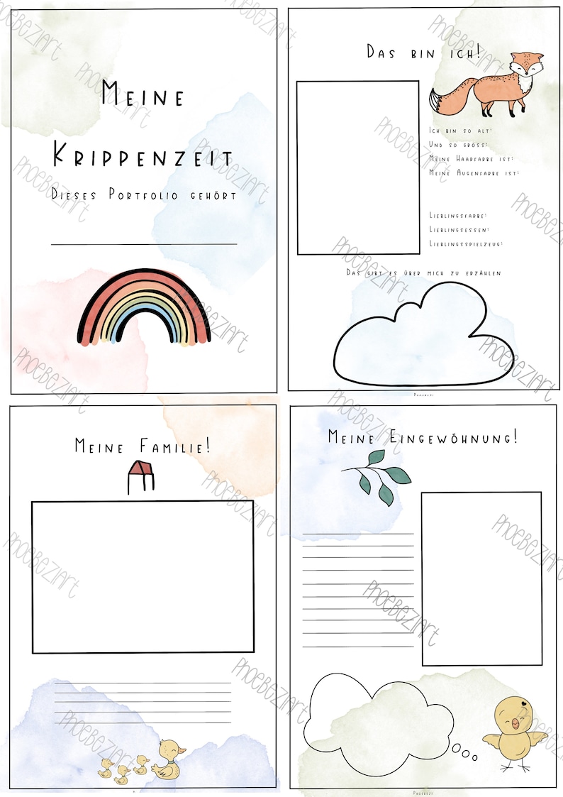 May include: A printable worksheet for a child's nursery or preschool portfolio. The worksheet has four sections: "My Time in Nursery", "This Portfolio Belongs To", "My Family", and "My Adjustment". Each section has a space for writing and a cute illustration.
