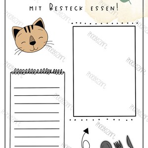 May include: A printable worksheet for children learning to use cutlery. The worksheet features a cute cartoon cat, a lined space for writing, and a blank space for drawing. The text on the worksheet reads "Ich kann schon mit Besteck essen!"