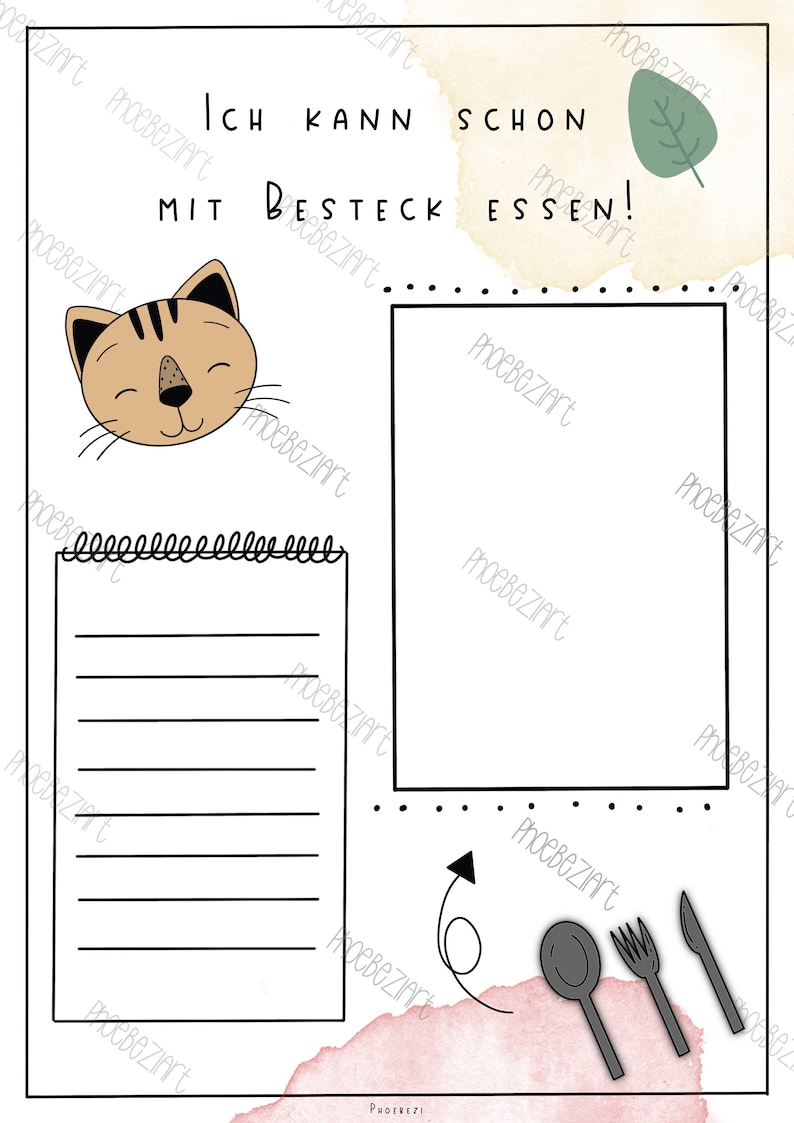 May include: A printable worksheet for children learning to use cutlery. The worksheet features a cute cartoon cat, a lined space for writing, and a blank space for drawing. The text on the worksheet reads "Ich kann schon mit Besteck essen!"