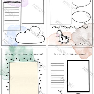May include: A printable baby memory book with four pages featuring illustrations of an elephant, zebra, fox, and bunny. Each page has a title in German, such as "Meine ersten Tage!" and "So war mein Toilettentraining!" and space for writing or drawing.