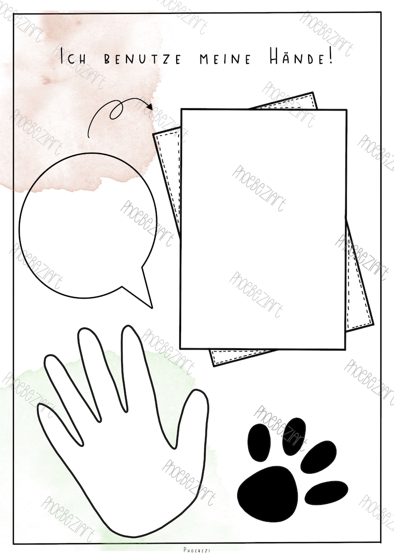 May include: A black and white printable worksheet with the German phrase "Ich benutze meine H&auml;nde!"  The worksheet includes a speech bubble, a handprint, and a paw print.