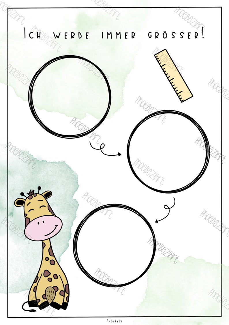 May include: A printable growth chart featuring a cute cartoon giraffe with a ruler and three circles to track growth. The text "Ich werde immer gr&ouml;&szlig;er!" is written at the top of the chart.